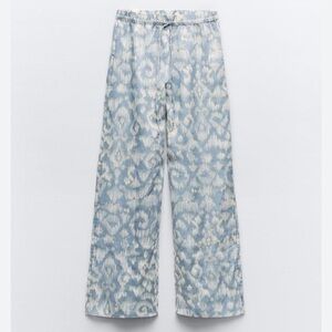 Zara NWT Beachy Casual Wide Leg Light Blue/Cream Ikat-Print Drawstring Pant SZ S